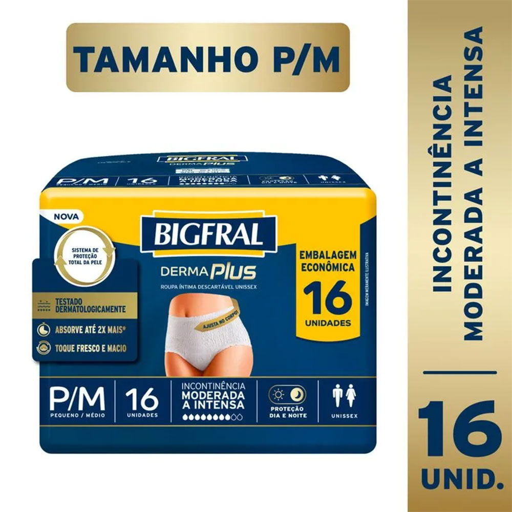 Bigfral Derma Plus Roupa Íntima Descartável P-M 16 Unidades Pacote Econômico