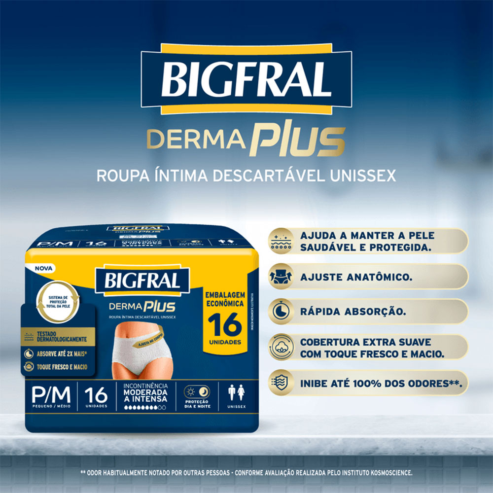 Bigfral Derma Plus Roupa Íntima Descartável P-M 16 Unidades Pacote Econômico